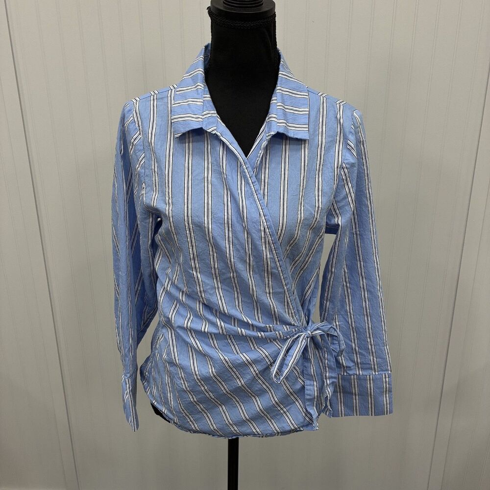 Anthropologie Maeve Women's Small Blue Striped Tie-Waist Wrap Long Sleeve Blouse